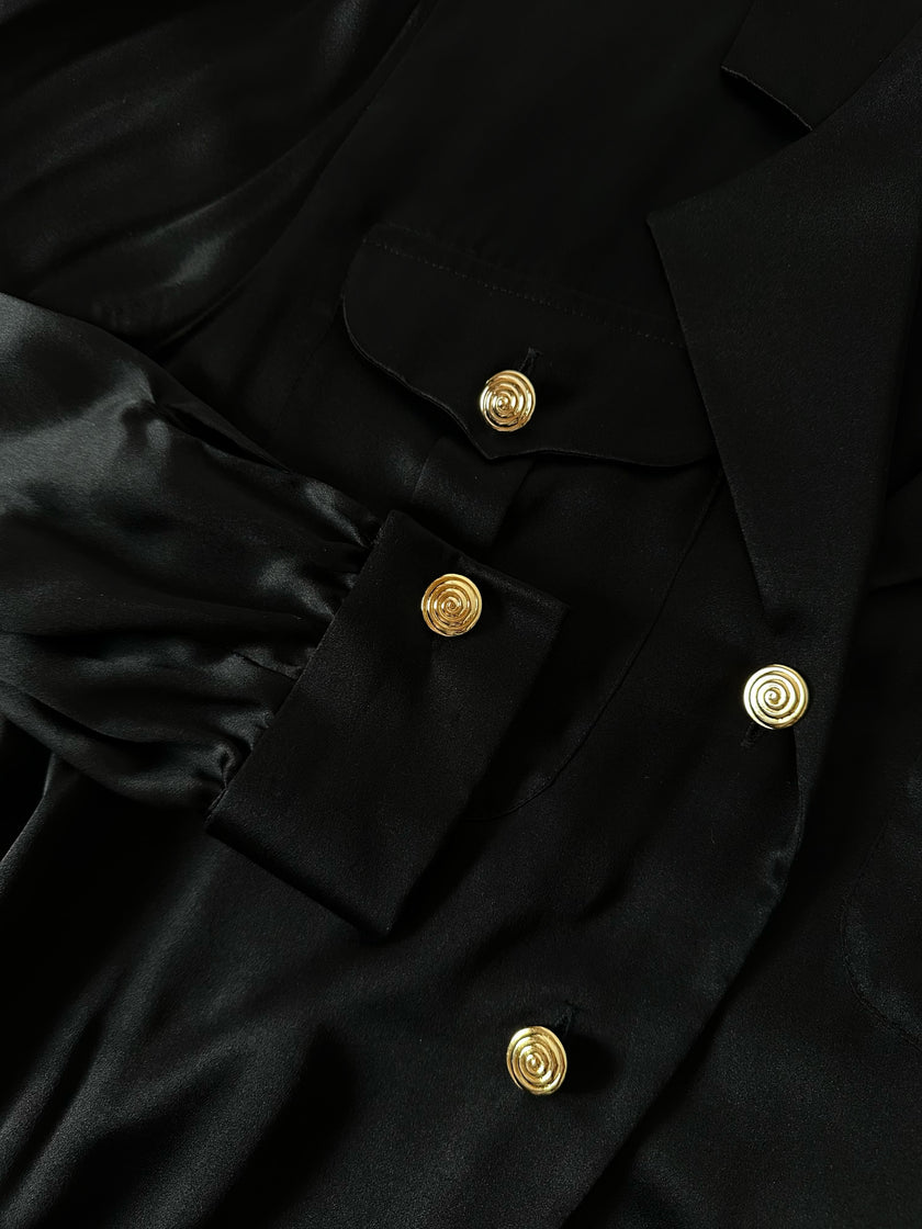 Camicia vintage Padovanelle in raso di seta nero con bottoni gioiello dorati