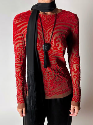 Maglia vintage Jean Paul Gaultier in mesh con stampa in floccato rosso