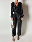 Jumpsuit vintage Yves Saint Laurent Rive Gauche nera con righe in lamé oro