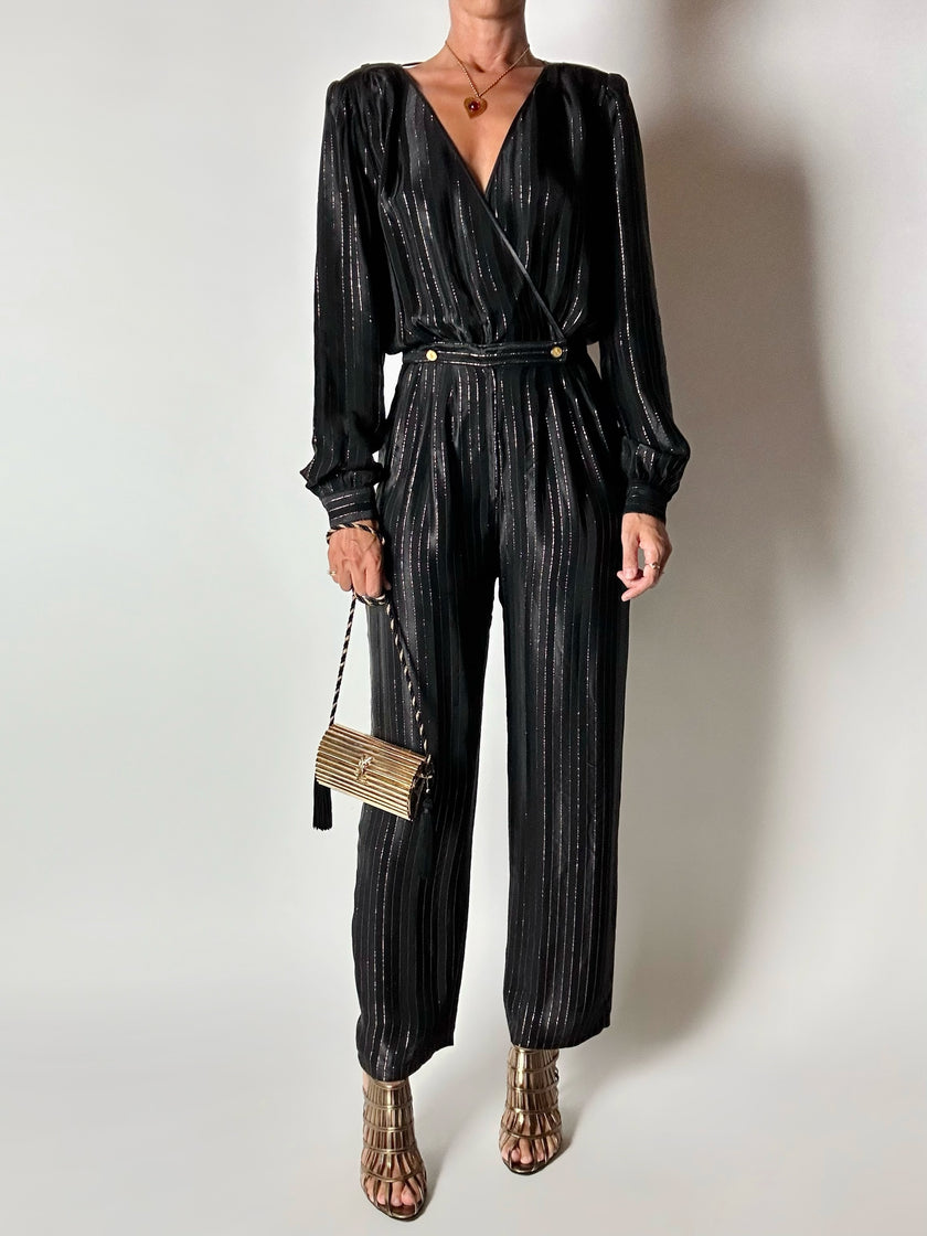 Jumpsuit vintage Yves Saint Laurent Rive Gauche nera con righe in lamé oro