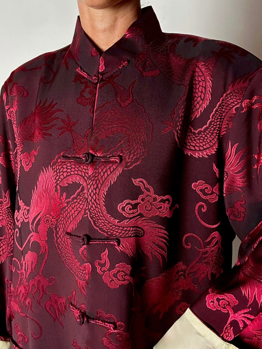 Giacca vintage in tessuto jacquard bordeaux con draghi cinesi e alamari