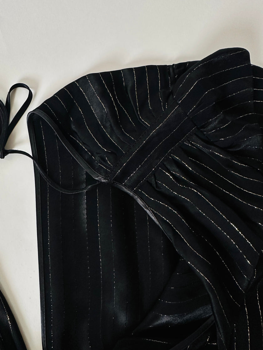 Jumpsuit vintage Yves Saint Laurent Rive Gauche nera con righe in lamé oro