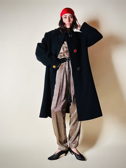 Black coat with oversized multicolor jewel buttons 