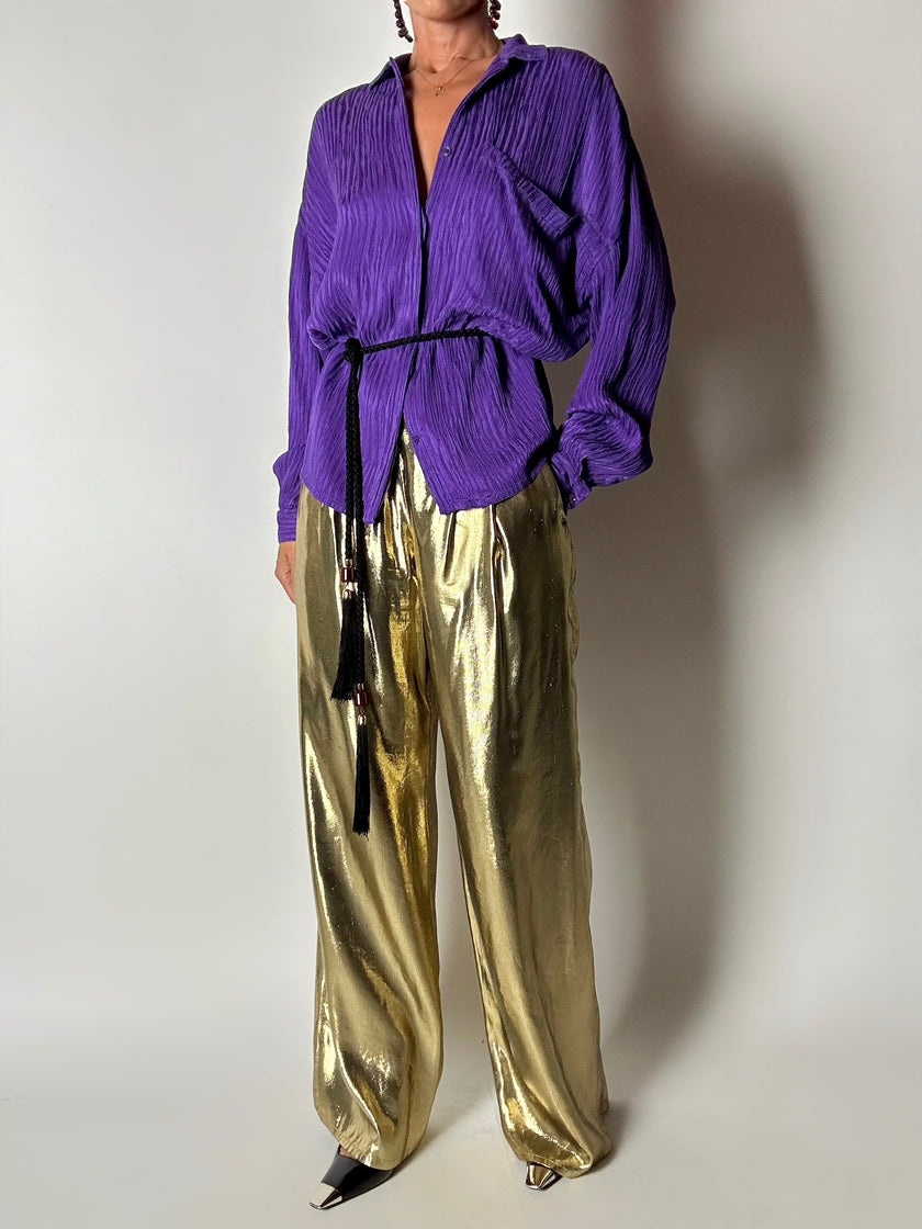 Camicia vintage Gianni Versace in seta goffrata viola con maxi tasca