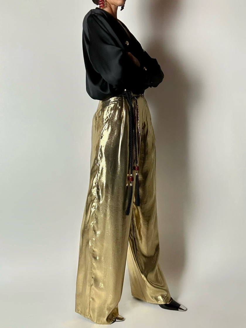 Pantalone vintage Yves Saint Laurent Rive Gauche a palazzo in seta lamé oro