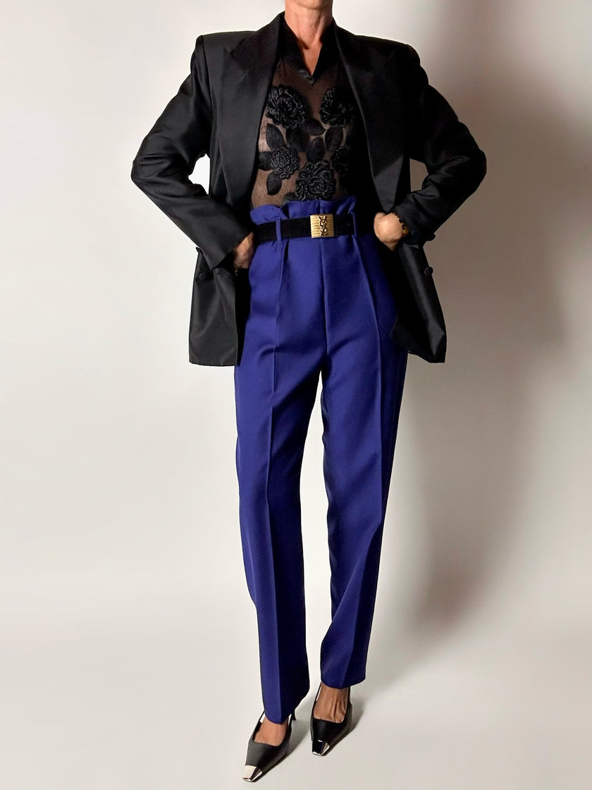 Pantalone vintage Cristina Gavioli a vita con piega in lana blu violetto