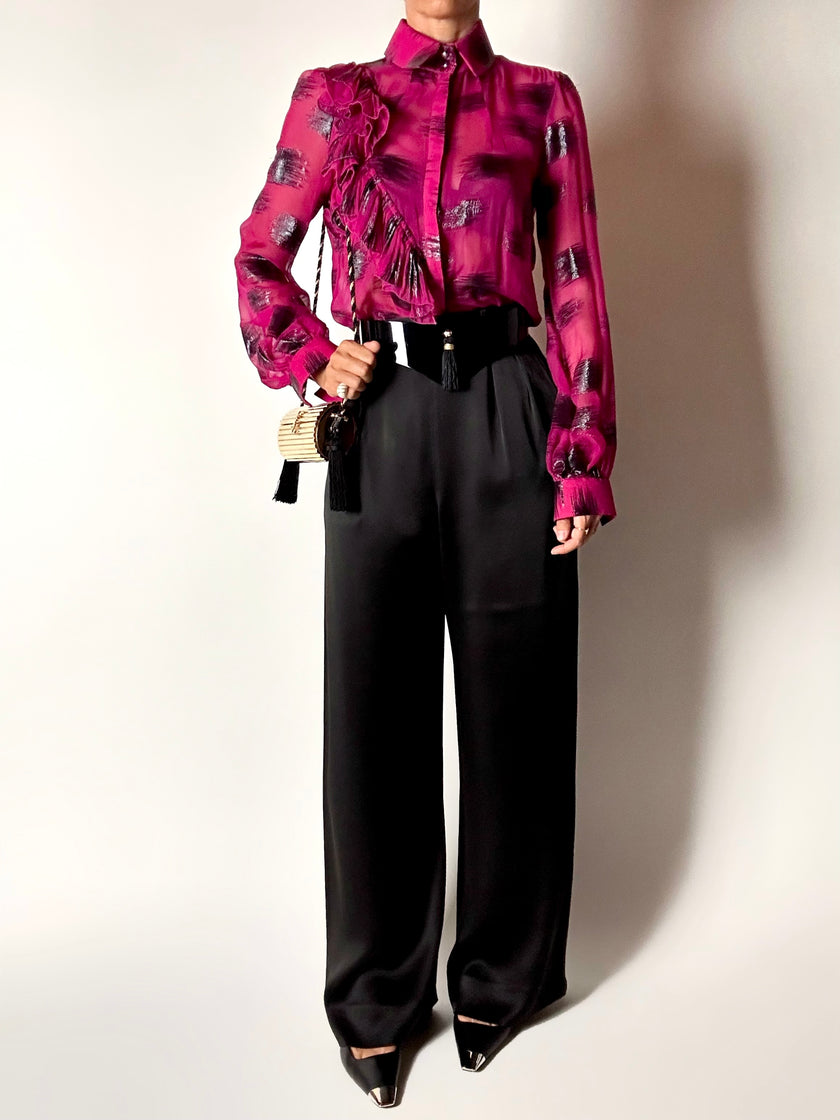 Camicia vintage Emanuel Ungaro in chiffon fucsia e lamé nero con volant plissé