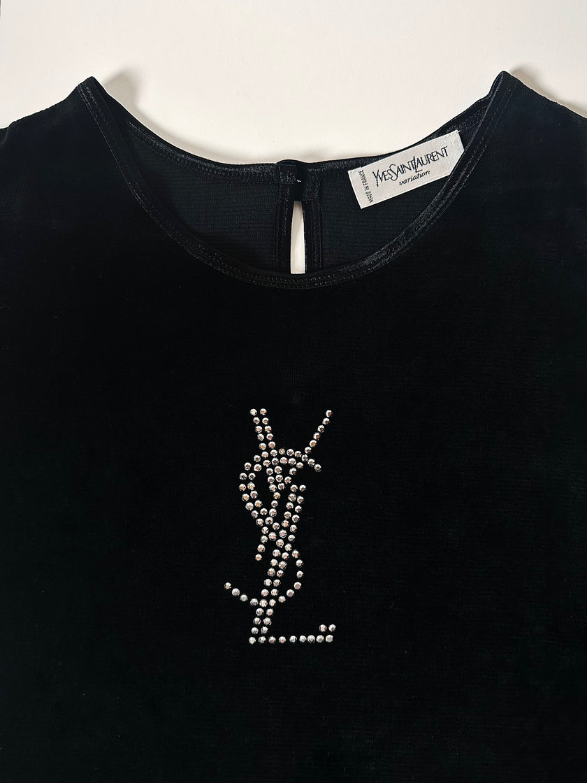 Maglia vintage Yves Saint Laurent Variation in ciniglia nera con logo YSL in strass