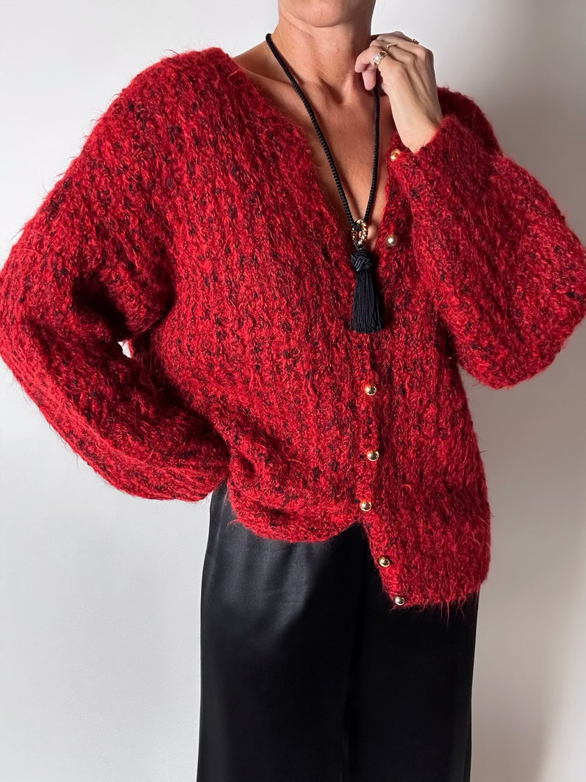 Cardigan vintage fatto a mano in lana mélange rossa e nera con bottoni dorati