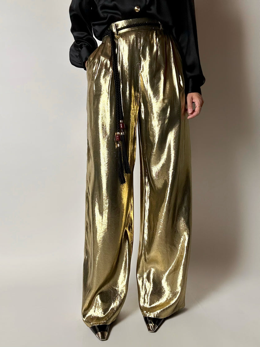Pantalone vintage Yves Saint Laurent Rive Gauche a palazzo in seta lamé oro