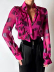 Camicia vintage Emanuel Ungaro in chiffon fucsia e lamé nero con volant plissé