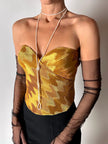 Bustier vintage La Perla in raso micro plissé ocra con scollo a cuore