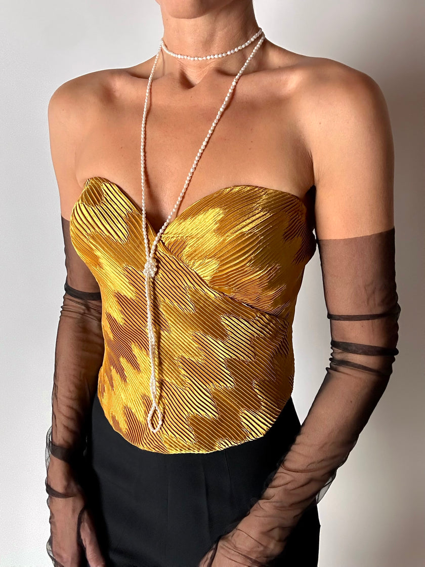 Bustier vintage La Perla in raso micro plissé ocra con scollo a cuore