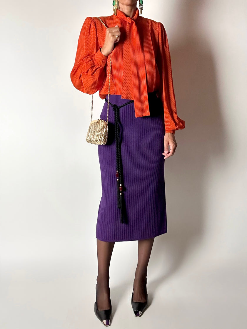 Camicia vintage Scherrer Boutique con nastro al collo in seta jacquard zucca