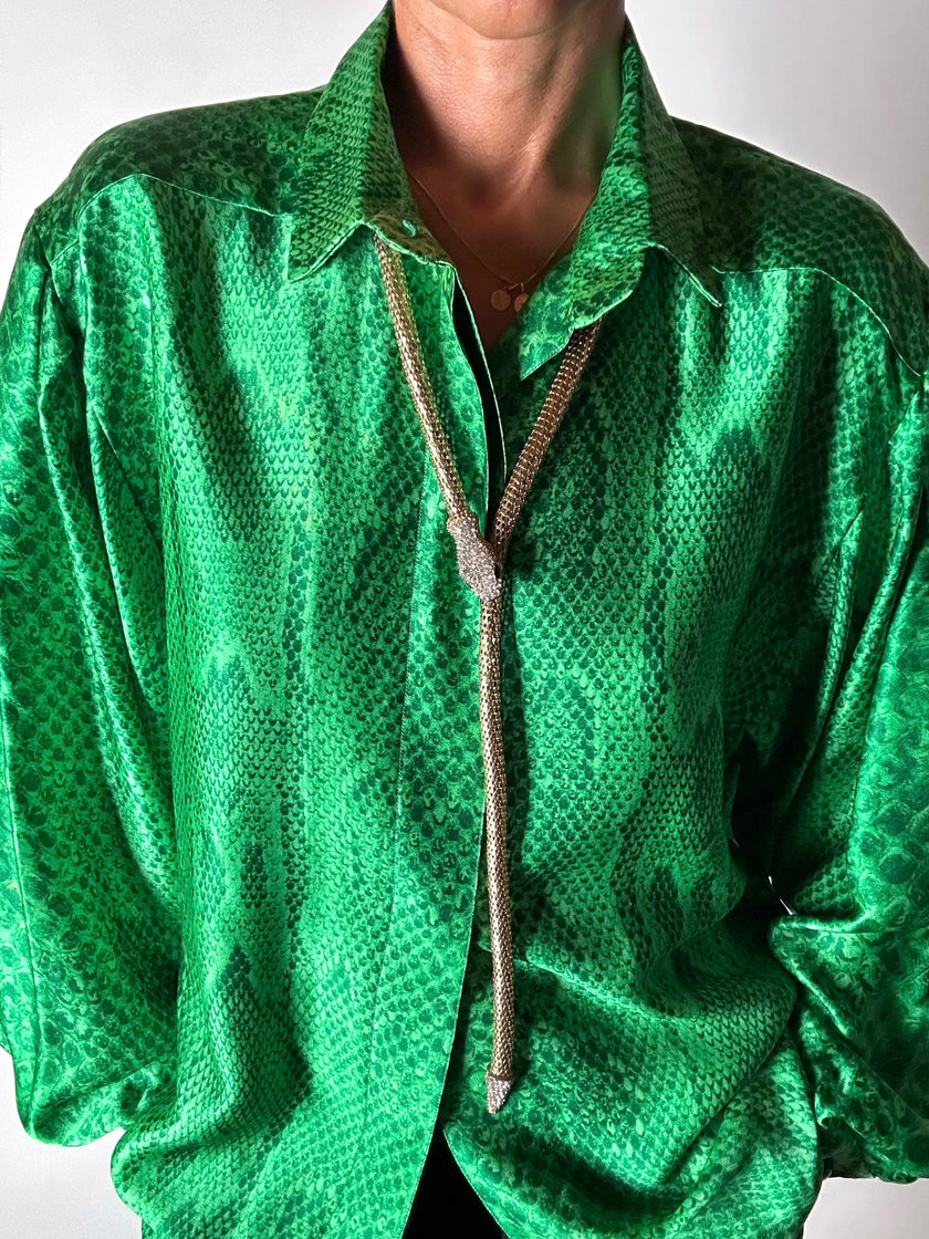 Collana/cintura gioiello vintage a forma di serpente in maglia metallica dorata con strass