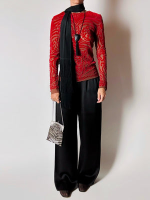 Maglia vintage Jean Paul Gaultier in mesh con stampa in floccato rosso