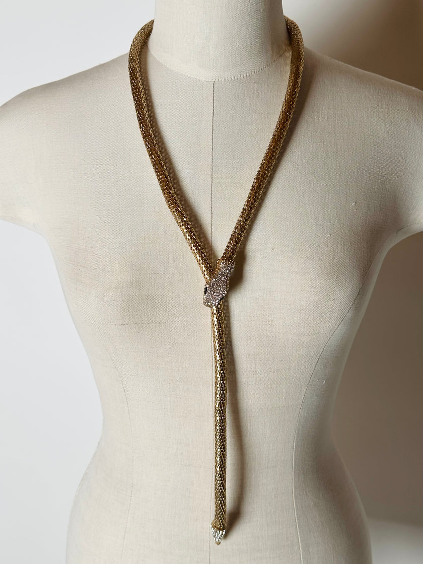 Collana/cintura gioiello vintage a forma di serpente in maglia metallica dorata con strass