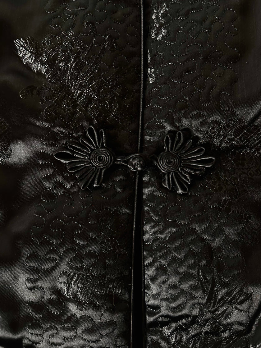 Giacca vintage tradizionale cinese in raso jacquard nero con alamari