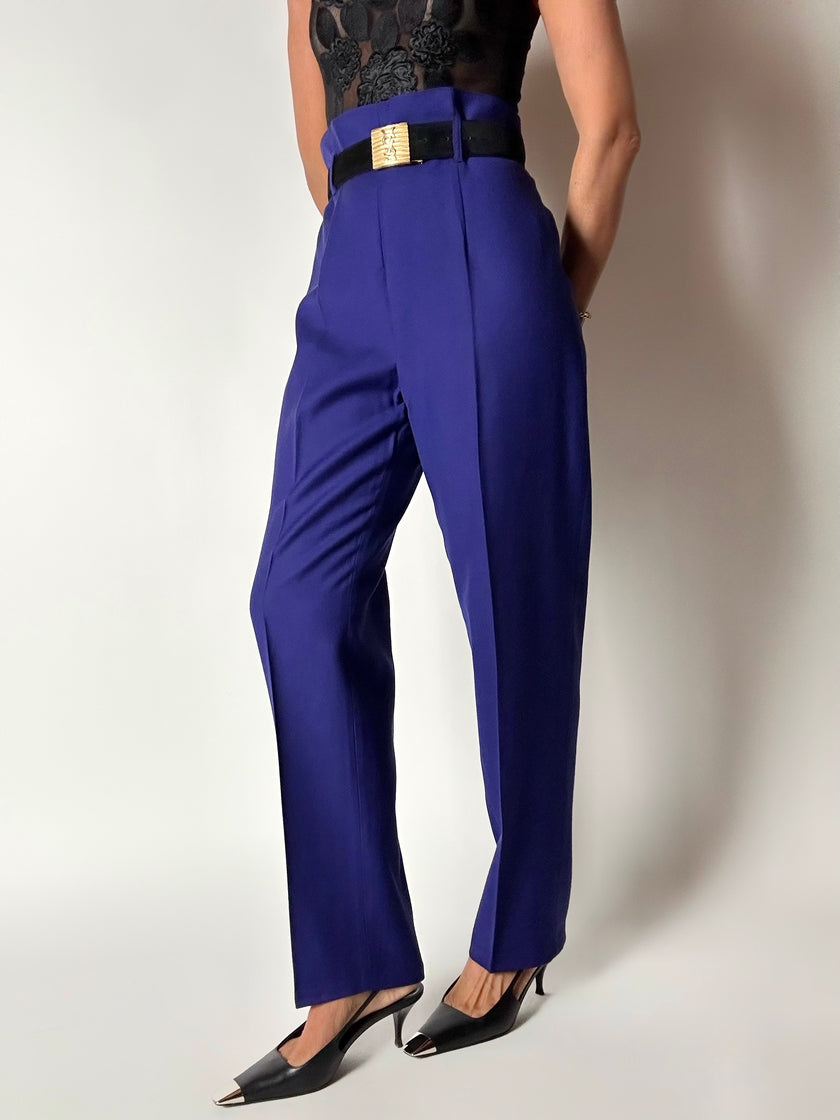 Pantalone vintage Cristina Gavioli a vita con piega in lana blu violetto