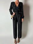 Jumpsuit vintage Yves Saint Laurent Rive Gauche nera con righe in lamé oro