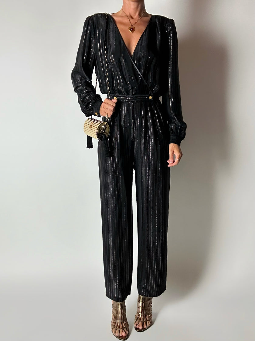 Jumpsuit vintage Yves Saint Laurent Rive Gauche nera con righe in lamé oro