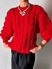 Maglione vintage fatto a mano in lana rossa con maxi trecce a rilievo