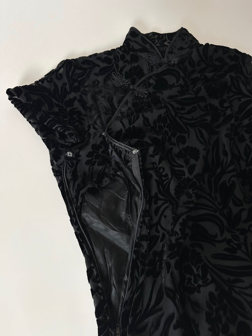 Abito qipao vintage in velluto di seta dévoré con alamari