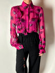 Camicia vintage Emanuel Ungaro in chiffon fucsia e lamé nero con volant plissé