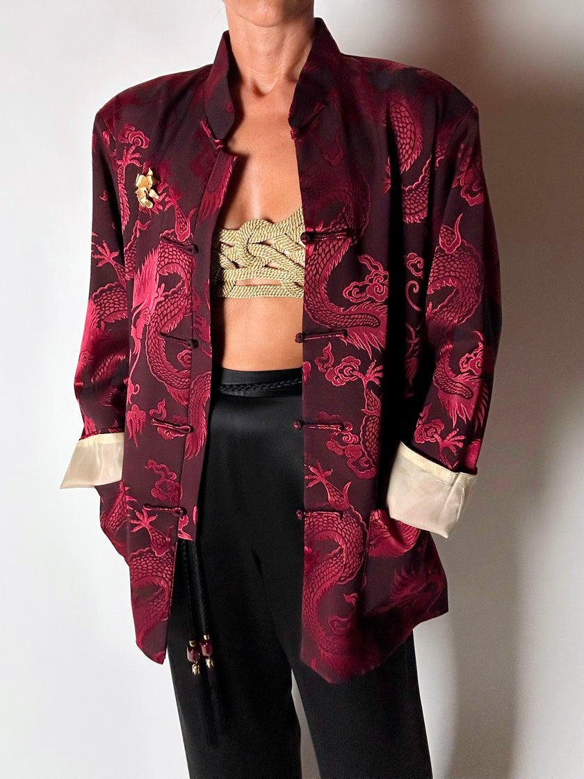 Giacca vintage in tessuto jacquard bordeaux con draghi cinesi e alamari