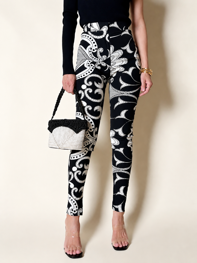 Legging vintage Gianni Versace motif Silver Baroque blanc et noir