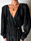Jumpsuit vintage Yves Saint Laurent Rive Gauche nera con righe in lamé oro