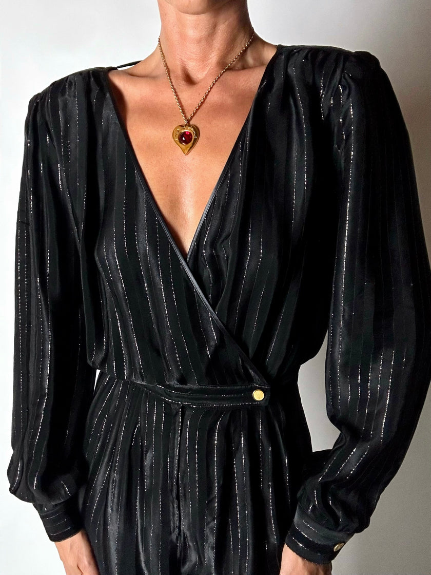 Jumpsuit vintage Yves Saint Laurent Rive Gauche nera con righe in lamé oro