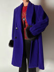 Cappotto vintage blu violaceo in lana con polsi in pelliccia di volpe nera
