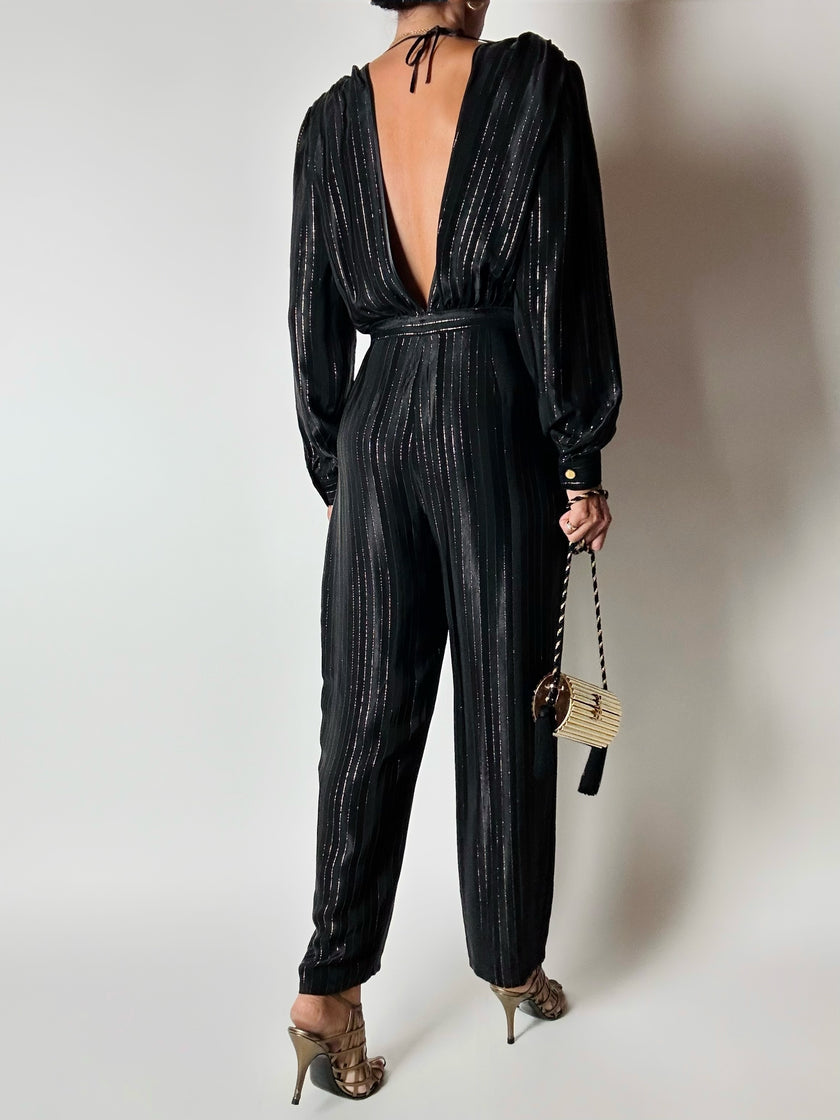 Jumpsuit vintage Yves Saint Laurent Rive Gauche nera con righe in lamé oro