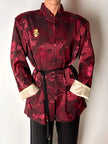 Giacca vintage in tessuto jacquard bordeaux con draghi cinesi e alamari