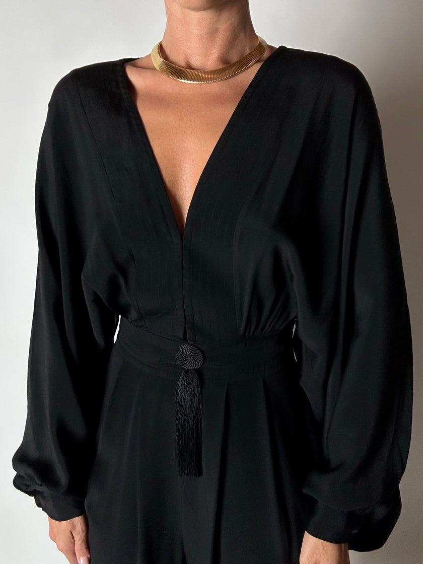 Jumpsuit vintage Emilio Pucci nera con maniche a pipistrello e nappa couture