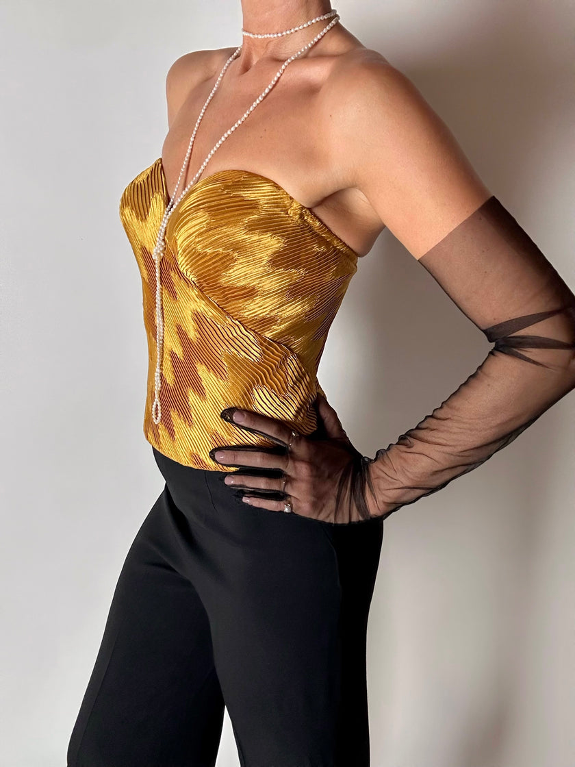 Bustier vintage La Perla in raso micro plissé ocra con scollo a cuore