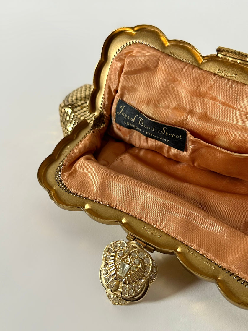 Pochette vintage Jays of Bond Street in maglia metallica dorata con chiusura gioiello