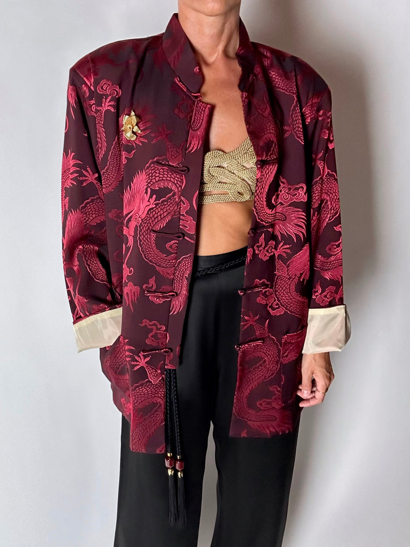 Giacca vintage in tessuto jacquard bordeaux con draghi cinesi e alamari