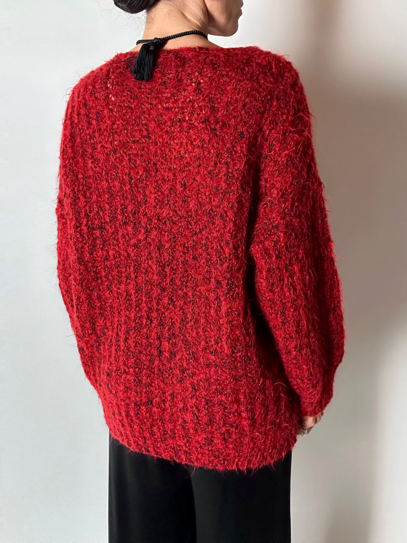 Cardigan vintage fatto a mano in lana mélange rossa e nera con bottoni dorati