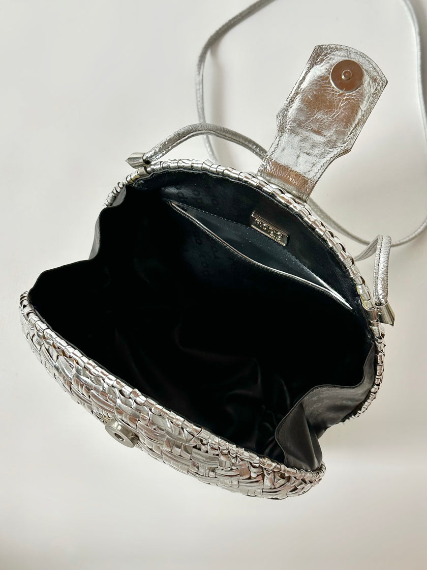Borsa bandoulière vintage Rodo in midollino argento con chiusura gioiello