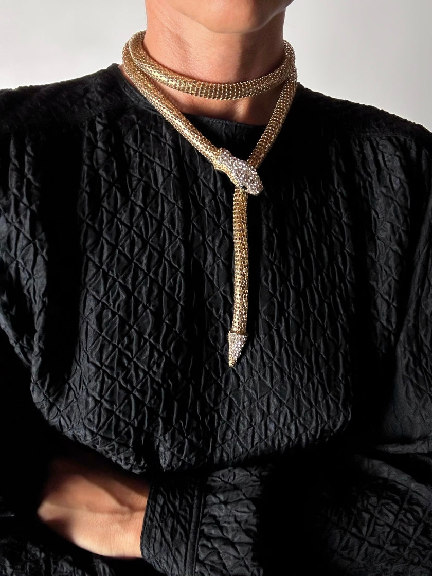 Collana/cintura gioiello vintage a forma di serpente in maglia metallica dorata con strass