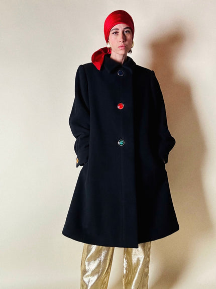 Black coat with oversized multicolor jewel buttons 