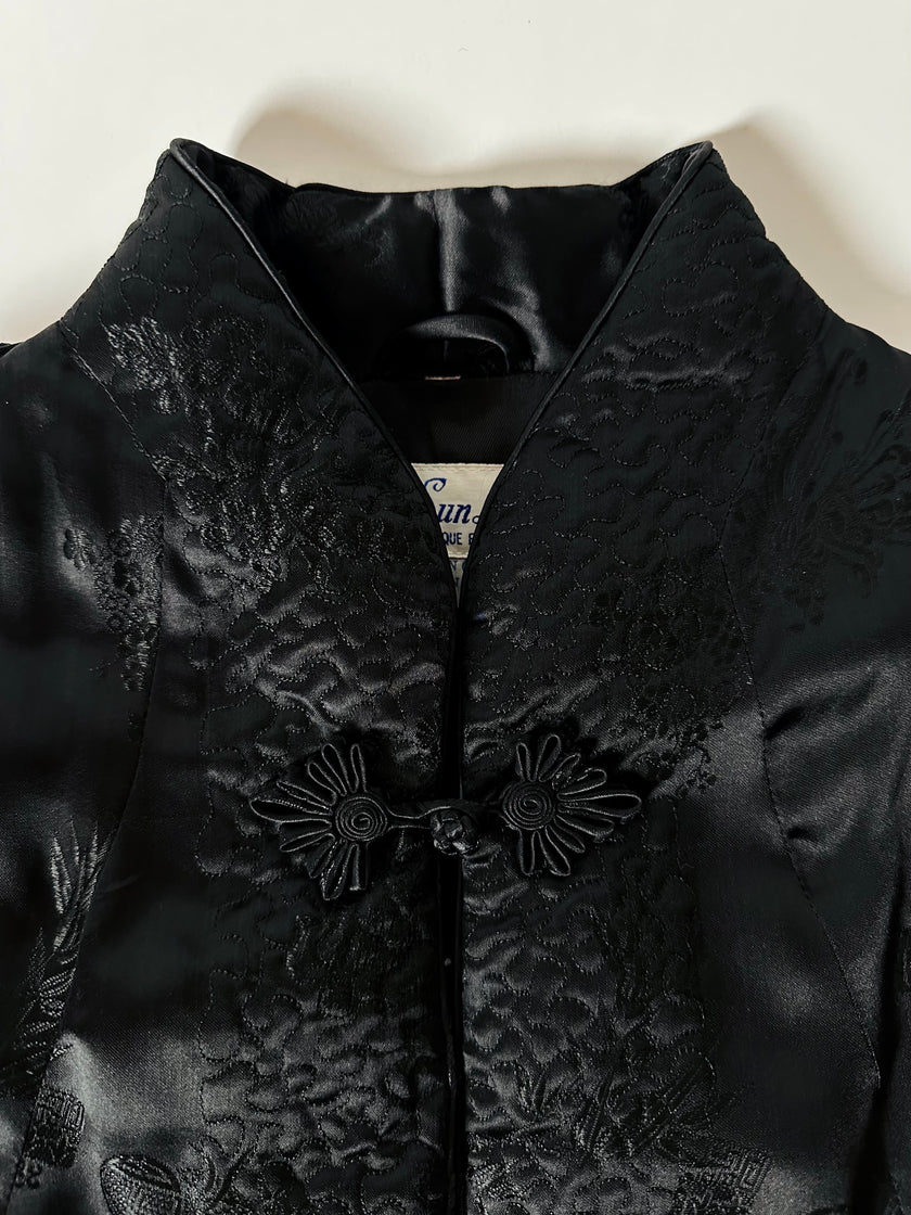 Giacca vintage tradizionale cinese in raso jacquard nero con alamari