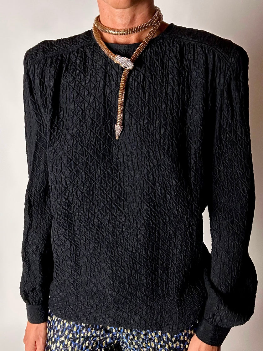 Blusa vintage Valentino Miss V in seta nera goffrata