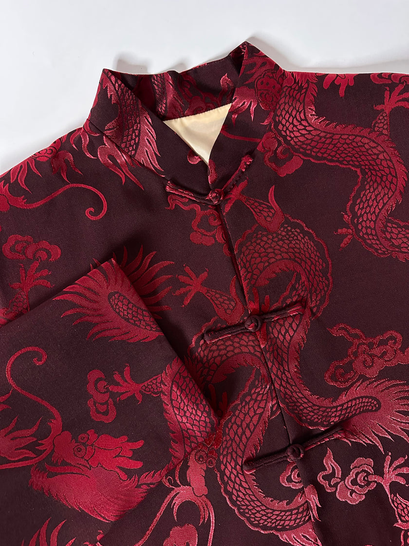 Giacca vintage in tessuto jacquard bordeaux con draghi cinesi e alamari
