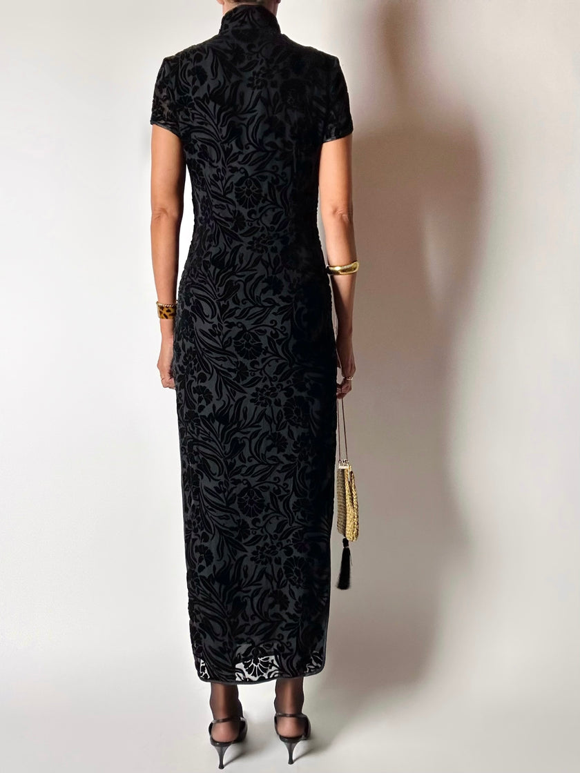 Abito qipao vintage in velluto di seta dévoré con alamari