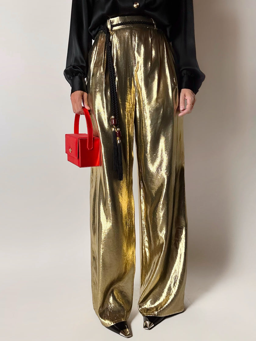 Pantalone vintage Yves Saint Laurent Rive Gauche a palazzo in seta lamé oro