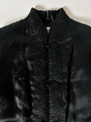 Giacca vintage tradizionale cinese in raso jacquard nero con alamari