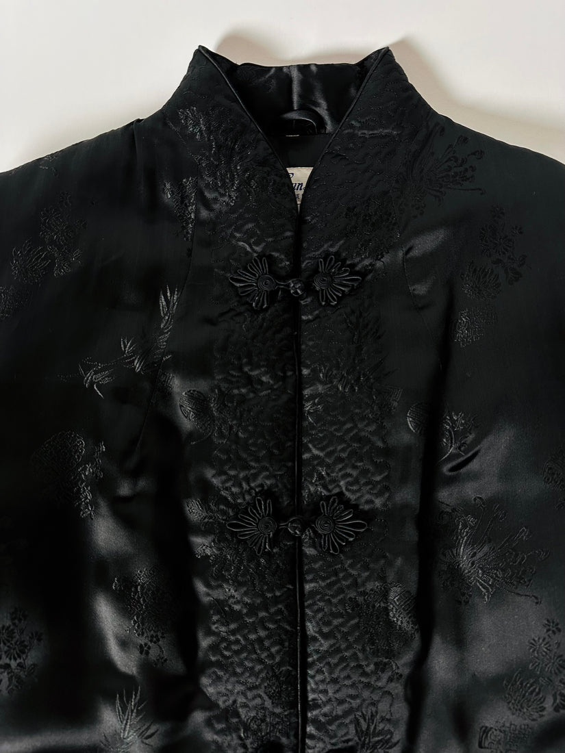 Giacca vintage tradizionale cinese in raso jacquard nero con alamari